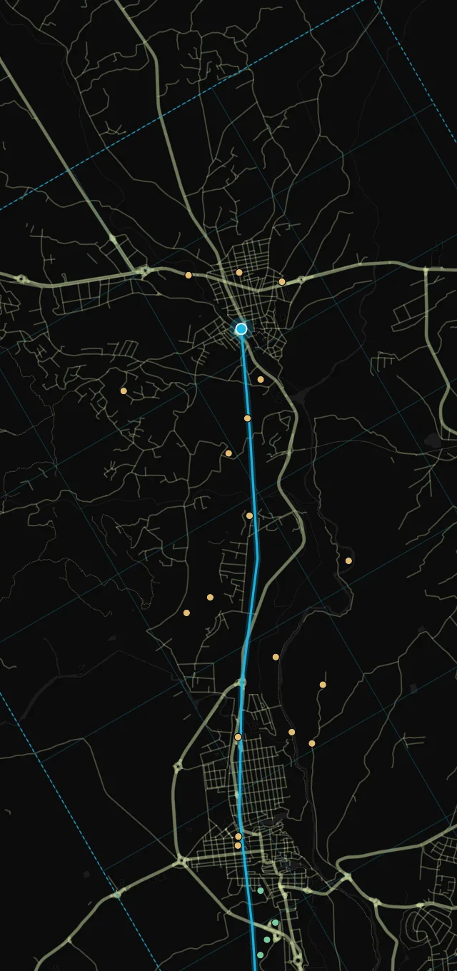 Móvil con la vista de navegación de la app de campo: ruta GPS con la posición actual y capturas pendientes de sincronizar